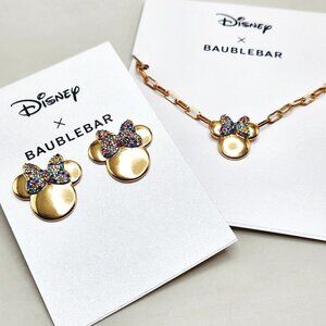NWT Disney X Baublebar Minnie Mouse Rainbow Crystal Ears Necklace + Earring Set